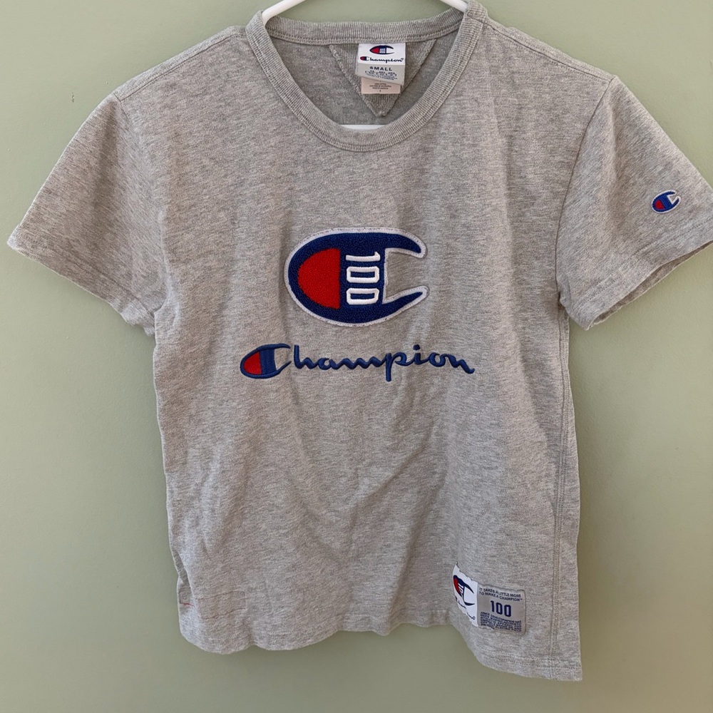 Women's Champion Gray 100 year Logo Tee Small